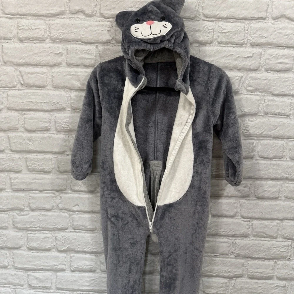 Kids Cat One-Piece Halloween Costume Size 4/7 Gray Warm Body Suit Fast Shipping!